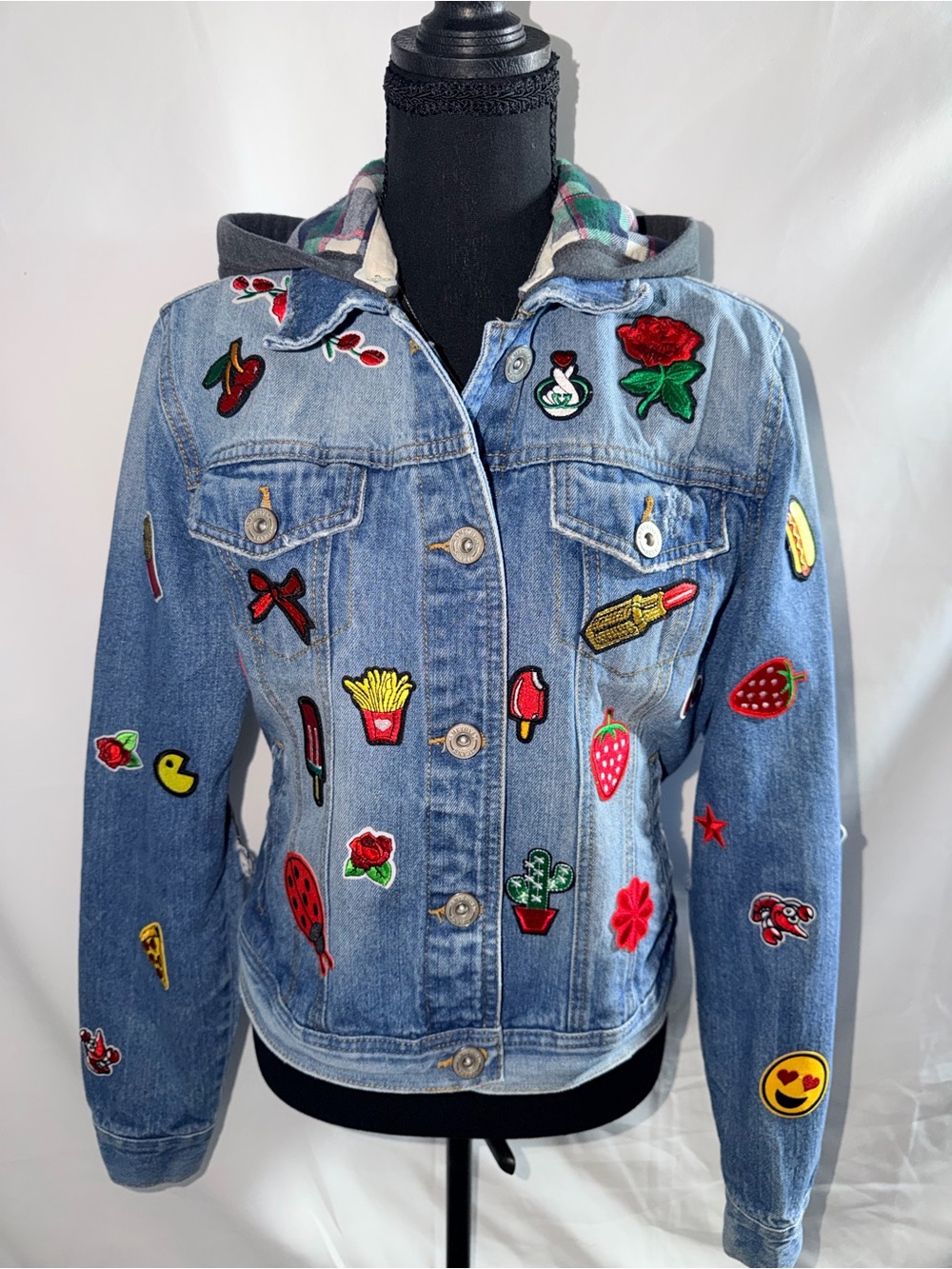 Back to School Embroidered Patch Denim Jacket with Hood - Blue Size L preppy